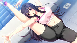  breasts cameltoe cleavage female game_cg gokkun_athlete!_kyonyuu_medalist_no_oshaburi_kyouka_gasshuku large_breasts legs_up long_hair mieri_route navel open_mouth pink_eyes purple_hair solo standing thighhighs 