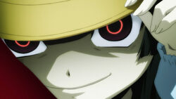  anime_screenshot evil_smile female glowing glowing_eyes grin hat lolicon matsuo_shizuka red_eyes shiki_(novel) smile solo vampire 