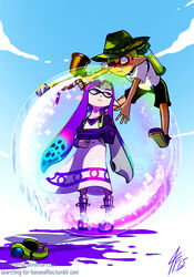  1boy aerospray_(splatoon) blush bubbler_(splatoon) commentary cosplay dress_shirt energy_barrier eye_contact female green_hair gun hat headphones ikamusume ikamusume_(cosplay) ink_tank_(splatoon) inkling_boy inkling_girl inkling_player_character looking_at_another monster_boy monster_girl one_eye_closed photoshop_(medium) pointy_ears purple_eyes purple_hair shield shinryaku!_ikamusume shirt shorts splatoon_(series) splatoon_1 splattershot_jr_(splatoon) tamarinfrog tentacle_hair water_gun weapon wristband 