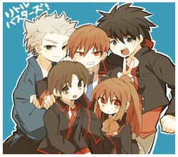  4boys bad_id bad_pixiv_id black_hair brown_eyes brown_hair female green_eyes grey_hair headband inohara_masato little_busters! long_hair miyazawa_kengo multiple_boys naoe_riki natsume_kyousuke natsume_rin niwashigu_(mmttmm) school_uniform short_hair 