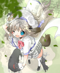  animal_ears bat_hair_ornament belka blue_eyes blush canine cape commentary_request female grey_hair hair_ornament hat kemonomimi_mode little_busters! long_hair md5_mismatch noumi_kudryavka one_eye_closed open_mouth resolution_mismatch school_uniform solo source_larger soutsuki_naru strelka tail thighhighs 