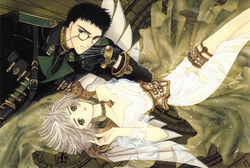  1boy absurdres androgynous black_hair bob_cut choker clamp_(circle) clover clover_(manga) corset eyebrows female four-leaf_clover glasses gloves green_eyes green_theme hands highres legs lips lying marker_(medium) official_art photoshop_(medium) ryu_f._kazuhiko scan scan_artifacts see-through short_hair silver_hair steampunk suu_(clover) traditional_media 