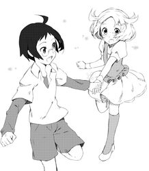  1boy ahoge bianca_(pokemon) cheren_(pokemon) comicstudio female greyscale hair_ornament hairclip holding_hands monochrome no_headwear open_mouth pokemon pokemon_bw running skirt weee_(raemz) wristband 