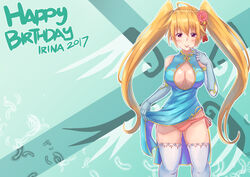  2017 ahoge aqua_dress arkfield bare_shoulders blonde_hair blue_dress blue_gloves blush breasts breasts_apart character_name china_dress chinese_clothes cleavage_cutout clothes_lift clothing_cutout commentary dress dress_lift elbow_gloves english_commentary feet_out_of_frame female flower flower_knot gloves gold_trim green_background hair_flower hair_ornament hand_up happy_birthday high_school_dxd lace lace-trimmed_legwear lace_trim large_breasts lifting_own_clothes long_hair looking_at_viewer mixed-language_commentary no_bra panties pink_panties purple_eyes shidou_irina side-tie_panties sleeveless sleeveless_dress solo standing tassel thighhighs tongue tongue_out twintails underwear very_long_hair white_thighhighs 