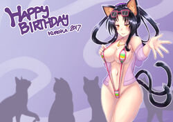  animal_ears arkfield armpit_peek bare_shoulders bell blush breasts cat_ears cat_tail collarbone commentary cowboy_shot english_commentary eyewear_on_head female happy_birthday high_school_dxd jewelry jingle_bell kuroka_(high_school_dxd) large_breasts long_hair looking_at_viewer mixed-language_commentary multiple_tails navel necklace open_clothes open_shirt parted_lips purple_shirt see-through shirt slingshot_swimsuit smile solo stomach strap_gap swimsuit tail two_tails 