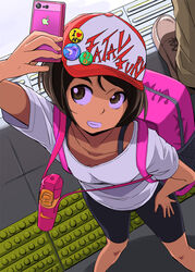  backpack bag bike_shorts brown_eyes brown_hair dolphin female hat heart holding holding_phone iphone lolicon multicolored_hat nike original phone red_hat sasaki_bullet self_shot shirt shoes short_sleeves smartphone solo_focus standing t-shirt teeth white_hat 