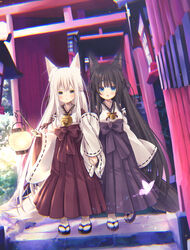  2girls :o animal_ears bad_id bad_pixiv_id bamboo bell black_hair blue_eyes blunt_bangs blush bow bug butterfly commentary_request detached_sleeves dutch_angle fox_ears fox_girl fox_tail glowing hair_ribbon hairbow hakama hakama_skirt holding holding_hands jakey japanese_clothes jingle_bell lantern long_hair long_sleeves looking_at_viewer miko multiple_girls multiple_torii night night_sky original outdoors parted_lips purple_bow purple_hakama red_hakama red_ribbon ribbon ribbon-trimmed_sleeves ribbon_trim sandals skirt sky stairs standing star_(sky) starry_sky stone_stairs tabi tail torii very_long_hair walking white_hair white_legwear wide_sleeves wooden_lantern yellow_eyes zouri 