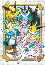  all_nine_eeveelutions ambiguous_gender better_version_at_source black_eyes blue_eyes brown_eyes eevee eeveelution espeon flareon generation_1_pokemon generation_2_pokemon generation_4_pokemon generation_6_pokemon glaceon hi_res jolteon leafeon nintendo official_art pokemon pokemon_(species) purple_eyes sylveon umbreon unknown_artist vaporeon 