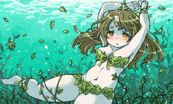  afloat air_bubble arms_up barefoot bikini blush bound bound_wrists breath brown_hair bubble commentary_request female freediving green_bikini highres holding_breath leaf leaf_bikini long_hair mochizuki_usagi navel ocean original seaweed swimming swimsuit tangle underwater yellow_eyes 