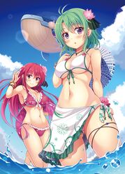  2girls aircraft airship ass_visible_through_thighs barefoot bikini blush bracelet breasts cattleya_(flower_knight_girl) cleavage cloud commentary_request day floral_print flower flower_knight_girl frilled_bikini frills front-tie_bikini_top front-tie_top green_hair hair_flower hair_ornament innertube jewelry large_breasts long_hair looking_at_viewer multiple_girls navel ocean outdoors print_sarong purple_eyes red_bikini red_eyes red_hair saboten_(flower_knight_girl) sarong short_hair sky smile standing swim_ring swimsuit underboob utsurogi_akira wading water white_bikini white_sarong 