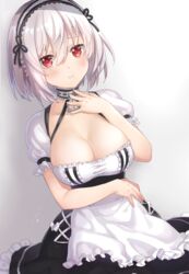  anchor_choker apron arm_across_waist azur_lane bad_id bad_pixiv_id blush bow breasts choker cleavage closed_mouth collarbone commentary_request dress female fingernails frilled_apron frilled_choker frilled_dress frills gradient_background grey_background hair_between_eyes hairband hand_on_own_chest highres kon_(k0n16) large_breasts looking_at_viewer maid puffy_short_sleeves puffy_sleeves red_eyes short_hair short_sleeves sirius_(azur_lane) smile solo tareme white_background white_bow white_hair 