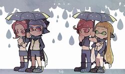  2boys 2girls agent_3_(splatoon) agent_8_(splatoon) arm_behind_back bike_shorts black_footwear black_pants black_skirt blue_hair blush boots cape commentary_request covering_own_mouth green_eyes hand_up headgear hero_brella_(splatoon) holding holding_umbrella inkling inkling_boy inkling_girl inkling_player_character kirikuchi_riku long_hair long_sleeves looking_at_another miniskirt multiple_boys multiple_girls navel no_nose octoling octoling_boy octoling_girl octoling_player_character orange_hair pants pink_eyes pink_hair pointy_ears shared_umbrella short_hair single_sleeve skirt splatoon_(series) splatoon_2 splatoon_2:_octo_expansion squidbeak_splatoon standing suction_cups thigh_strap torn_cape torn_clothes umbrella vest wristband zipper zipper_pull_tab 