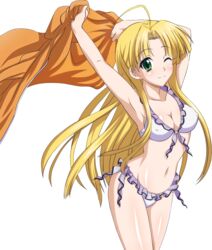  ahoge artist_request asia_argento bikini blonde_hair breasts check_artist cleavage covered_nipples extraction female frilled_bikini frills green_eyes high_school_dxd highres long_hair looking_at_viewer medium_breasts mg_renders navel one_eye_closed solo swimsuit transparent_background white_bikini 