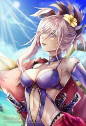  absurdres akaisu blue_eyes breasts cleavage commentary_request detached_sleeves fate/grand_order fate_(series) female flower hair_between_eyes hair_flower hair_ornament highres long_hair looking_up midriff miyamoto_musashi_(fate) navel sheath sheathed side_ponytail solo sparkle standing stomach sunlight sword tied_hair weapon white_hair yellow_flower 