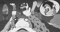  arcticfrigidfrostfox bed bottomwear cheetah claws clothing dresser felid feline first_person_view furniture hi_res lamp male mammal monochrome pants pawpads paws skips92 snout solo taur torn_clothing transformation 