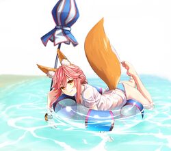  afloat animal_ears ass bad_id bad_pixiv_id bare_legs barefoot bikini blue_bikini blush breasts brown_eyes cleavage closed_mouth closed_umbrella commentary_request fate/grand_order fate_(series) female fox_ears fox_tail full_body highres hinomoto_madoka innertube leg_up long_hair looking_at_viewer lying medium_breasts no_pants on_stomach orange_tail outstretched_leg pink_hair scrunchie shirt simple_background smile solo swim_ring swimsuit t-shirt tail tamamo_(fate) tamamo_no_mae_(swimsuit_lancer)_(fate) tamamo_no_mae_(swimsuit_lancer)_(first_ascension)_(fate) umbrella water wet wet_clothes wet_shirt white_background white_shirt wrist_scrunchie 