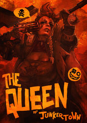  absurdres braid breasts character_name cleavage commentary dual_wielding english_commentary eyelashes facepaint female fingerless_gloves gloves gun gun_to_head handgun highres holding holding_weapon junker_queen_(overwatch) large_breasts lip_piercing mohawk monori_rogue overwatch overwatch_2 photoshop_(medium) piercing polearm revolver sepia single_braid solo undercut weapon 