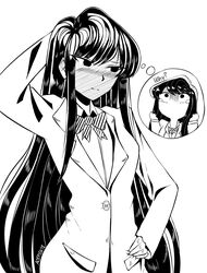  acefish arm_behind_head bad_id bad_pixiv_id blush closed_mouth female full-face_blush greyscale hand_on_own_hip highres itan_private_high_school_uniform komi-san_wa_komyushou_desu komi_shouko long_hair monochrome school_uniform thought_bubble white_background 