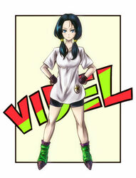  bike_shorts black_hair blue_eyes boots character_name commentary dragon_ball dragon_ball_z female fingerless_gloves frown full_body gloves green_footwear hair_tubes hands_on_own_hips inaba-no-kuni-tottori serious shirt solo star_(symbol) t-shirt twintails videl 