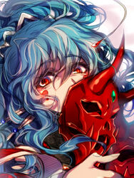  alfimi artist_request banpresto blue_hair female female long_hair looking_at_viewer mask ponytail red_eyes solo super_robot_wars very_long_hair 