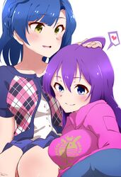  2girls absurdres ahoge blue_eyes blue_hair braid breasts breath commentary hair_between_eyes headpat heart highres idolmaster idolmaster_million_live! long_hair medium_breasts medium_hair mochizuki_anna moment_(moment_607) multiple_girls nanao_yuriko purple_hair simple_background sweat yellow_eyes 