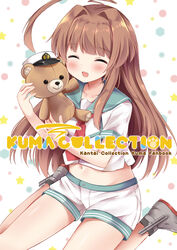  ^_^ ^o^ ahoge aqua_sailor_collar brown_hair character_name closed_eyes collarbone copyright_name cover cover_page english eyebrows_visible_through_hair heart highres holding holding_stuffed_animal kantai_collection kuma_(kantai_collection) long_hair masayo_(gin_no_ame) midriff navel neckerchief oerba_yun_fang red_neckwear revision sailor_collar school_uniform serafuku short_sleeves shorts smile solo stuffed_animal stuffed_toy teddy_bear white_shorts 