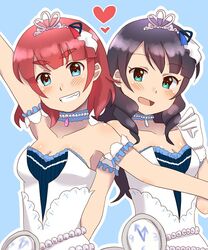  2girls anzai_miyako black_hair blue_eyes blush breasts cleavage commentary_request green_eyes heart idolmaster idolmaster_cinderella_girls idolmaster_cinderella_girls_starlight_stage looking_at_viewer medium_breasts mizuno_12 multiple_girls open_mouth pendant_watch red_hair smile starry_sky_bright_(idolmaster) thick_eyebrows tiara ujiie_mutsumi upper_body watch 