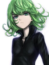  black_dress breasts collared_dress commentary_request curly_hair dress female frown green_eyes green_hair inaba-no-kuni-tottori neck one-punch_man short_hair simple_background small_breasts solo tatsumaki white_background 