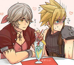  2boys aerith_gainsborough aerith_gainsborough_(cosplay) aqua_eyes arm_tattoo blonde_hair bolt_(hardware) bow bracelet cloud_strife commentary_request cosplay crazy_straw cropped_jacket dress drink drinking_straw final_fantasy final_fantasy_vii food fruit grey_hair heart heart_background heart_straw jewelry lemon lemon_slice looking_at_another looking_away male_focus mobius_final_fantasy multiple_boys payu_(pyms11) photoshop_(medium) pink_background pink_bow pink_dress shoulder_pads simple_background sleeveless sleeveless_turtleneck spiked_hair suspenders sweatdrop table tattoo turtleneck wol yaoi yellow_eyes 