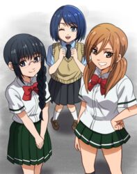  3girls :d ;d bad_proportions black_eyes black_hair black_legwear black_necktie black_skirt blue_eyes blue_hair blue_shirt bow braid brown_eyes brown_footwear brown_hair clenched_hand commentary_request glasses gojou_reina green_skirt hand_on_own_hip hinomaru_zumou hori_chizuko looking_at_viewer multiple_girls necktie one_eye_closed onomekaman open_mouth outdoors pleated_skirt red_bow school_uniform shirt short_hair short_sleeves single_braid skirt smile socks standing sweater_vest tennouji_saki twintails white_legwear white_shirt 