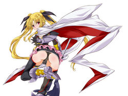  arched_back armored_boots ass bardiche_(bullova_form)_(nanoha) bardiche_(nanoha) belt black_thighhighs blonde_hair blush boots cape commentary_request elbow_gloves fate_testarossa fate_testarossa_(blaze_form_ii) female from_behind gauntlets gloves hair_ribbon highres leotard long_hair looking_at_viewer looking_back lyrical_nanoha magical_girl mahou_shoujo_lyrical_nanoha mahou_shoujo_lyrical_nanoha_reflection photoshop_(medium) red_eyes ribbon shiny_skin simple_background skirt solo thighhighs twintails very_long_hair white_background yatsushima_tetsuya 