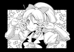  ;) brooch commentary_request cure_honey double_v female greyscale happinesscharge_precure! heart heart_brooch jewelry kazuma_muramasa magical_girl monochrome one_eye_closed oomori_yuuko photoshop_(medium) precure puffy_short_sleeves puffy_sleeves short_sleeves smile solo v v_over_eye vest wide_ponytail 