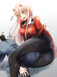  1boy asphyxiation ass between_legs between_thighs black_hair black_pantyhose blush breasts commentary couple darling_in_the_franxx female green_eyes herozu_(xxhrd) hiro_(darling_in_the_franxx) horns long_hair medium_breasts military military_uniform necktie oni_horns orange_necktie pantyhose pink_hair red_horns straight sweat uniform zero_two_(darling_in_the_franxx) 