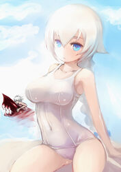  1boy blazblue blue_eyes braid breasts cloud commentary_request covered_navel day dead_spike devoured_by_darkness es_(xblaze) expressionless female highres johan_(johan13) long_hair one-piece_swimsuit ragna_the_bloodedge school_swimsuit sky spiked_hair swimming swimsuit white_hair white_one-piece_swimsuit xblaze xblaze_code:_embryo 