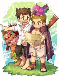  3boys animal animal_on_head bandaid barefoot bird brown_hair commentary_request fangs gozu_farm gun holding_hands horns jacket jacket_on_shoulders kijimuna_(housamo) male_focus map multiple_boys muscular on_head parrot pointing protagonist_1_(housamo) rifle robinson_(housamo) sandals smile tan tokyo_afterschool_summoners weapon 