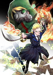  2boys anti-eyebrow_piercing blonde_hair brothers burn_scar commentary_request ear_piercing fugo_dressel gas_mask green_eyes highres higyaku_no_noel hood hooded_jacket jacket love-volleyandsoccer mask military military_uniform multiple_boys oscar_dressel piercing scar scar_across_eye scar_on_face short_hair siblings sword uniform weapon 