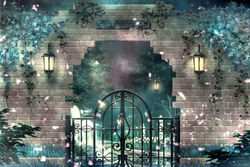  blurry commentary_request depth_of_field fantasy flower gate kimikahamu lantern light_particles night no_humans original outdoors plant scenery signature star_(sky) tree vines wall 