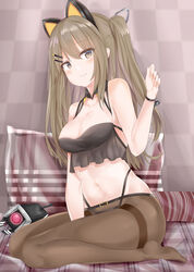  :3 absurdres animal_ears bare_shoulders between_legs black_panties blanket blush breasts brown_eyes brown_hair brown_pantyhose cat_ears chinese_commentary cleavage closed_mouth collarbone commentary_request detached_collar dinergate_(girls&#039;_frontline) female fingerless_gloves girls&#039;_frontline gloves hair_between_eyes hair_ornament hairclip hand_between_legs hand_up headband highres indoors k2_(girls&#039;_frontline) long_hair looking_at_viewer medium_breasts navel non-humanoid_robot open_mouth panties pantyhose plaid_blanket robot ru_zhai sangvis_ferri sidelocks sitting skindentation smile solo stomach thighband_pantyhose underwear wariza wristband 