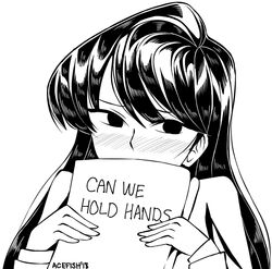  acefish bad_id bad_pixiv_id blush covering_face covering_own_mouth female greyscale holding holding_hands_is_lewd holding_sign komi-san_wa_komyushou_desu komi_shouko long_hair monochrome school_uniform sign solo textbook white_background 