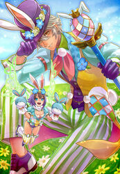  1boy animal_ears aqua_eyes arm_belt boutonniere breasts brown_hair chains cleavage collared_shirt commentary_request ear_piercing easter_egg echo_(mff) egg fairy fairy_wings female final_fantasy flower flying gloves green_wings grey_hair hand_puppet hat hat_tip head_wreath lapels meadow mobius_final_fantasy multicolored_clothes multicolored_hair open_mouth payu_(pyms11) photoshop_(medium) piercing puppet purple_footwear purple_gloves purple_hair purple_hat rabbit_ears rabbit_tail shawl_lapels shirt short_hair signature small_breasts smile sparkle striped_clothes striped_thighhighs tail thighhighs top_hat two-tone_hair vertical-striped_clothes vertical-striped_thighhighs vest wand wings wol yellow_eyes 