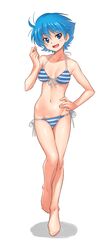  :d barefoot bikini blue_eyes blue_hair blush_stickers breasts cleavage commentary_request female front-tie_top full_body hand_on_own_hip kazuma_muramasa leg_up legs_together long_legs medium_breasts navel nishijima_waon open_mouth precure short_hair side-tie_bikini_bottom simple_background smile solo standing striped_bikini striped_clothes suite_precure swimsuit white_background 