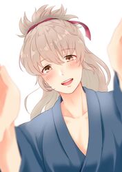  akina_(akn1819) alternate_costume blush fire_emblem fire_emblem_if grey_hair japanese_clothes kimono long_hair male_focus open_mouth orange_eyes ponytail simple_background takumi_(fire_emblem_if) upper_body white_background 