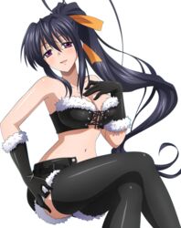  artist_request black_gloves black_hair black_shorts black_thighhighs breasts check_artist cleavage elbow_gloves extraction female gloves hair_ribbon high_school_dxd himejima_akeno long_hair looking_at_viewer medium_breasts mg_renders midriff navel orange_ribbon ponytail purple_eyes ribbon short_shorts shorts solo thighhighs transparent_background very_long_hair 