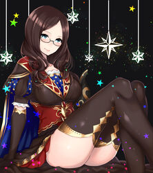  black_legwear blue_eyes breasts brown_hair cape elbow_gloves fate/grand_order fate_(series) female glasses gloves highres large_breasts leonardo_da_vinci_(fate/grand_order) long_hair puffy_sleeves sitting siuuu_(tumblr) smile solo star thighhighs 