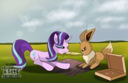  2016 absurd_res crossover duo eevee equid equine female feral fight food friendship_is_magic generation_1_pokemon glaring hasbro hi_res horn mammal my_little_pony mythological_creature mythological_equine mythology nintendo pizza pokemon pokemon_(species) rainbowdash5846 starlight_glimmer_(mlp) text tug_of_war unicorn 