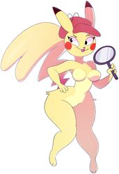  2018 3_toes 4_fingers :3 absurd_res anthro anthrofied biped breasts cleft_tail clothing detective_pikachu digital_media_(artwork) dipstick_ears ear_markings eyelashes featureless_breasts feet female fingers generation_1_pokemon hand_on_hip hat headgear headwear hi_res holding_object magnifying_glass mammal mostly_nude multicolored_ears nintendo norithecat pikachu pokemon pokemon_(species) pokemon_detective_pikachu pokemorph red_cheeks rodent rule_63 simple_background solo standing tail toes white_background wide_hips 