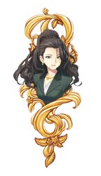  business_suit commentary_request earrings executive_mishiro female flower formal green_eyes hair_pulled_back idolmaster idolmaster_cinderella_girls jewelry kazuma_muramasa leaf long_hair parted_lips solo suit upper_body 