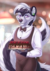  2017 anthro apron ayken big_tail black_body black_fur black_hair black_nose black_tail bow_(feature) bow_tie cake cheek_tuft claws clothed clothing dessert digital_media_(artwork) ear_piercing eyebrow_through_hair eyebrows facial_tuft food foxysoul front_view fully_clothed fur hair hi_res holding_object long_tail looking_at_viewer male mammal mephitid multicolored_body multicolored_fur multicolored_hair multicolored_tail piercing purple_eyes short_hair skunk solo standing tail translucent translucent_hair tuft two_tone_body two_tone_fur two_tone_hair two_tone_tail waiter white_body white_claws white_fur white_hair white_tail 