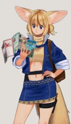  animal_ears blonde_hair blue_eyes blue_skirt closed_mouth commentary_request contrapposto crop_top female grey_background hand_on_own_hip highres holding holster jacket map midriff mira_(nashigaya_koyomi) nashigaya_koyomi navel open_clothes open_jacket original pencil_skirt short_hair short_twintails simple_background skirt sleeves_rolled_up solo standing tareme thigh_holster thigh_strap twintails 