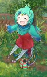  :d ^_^ bird_tail bird_wings blonde_hair blue_hair center_frills closed_eyes dress female frilled_dress frills green_hair happy head_wings kemono_friends long_hair long_sleeves multicolored_hair neck_ribbon neck_ruff open_mouth outdoors pantyhose resplendent_quetzal_(kemono_friends) ribbon rumenia_(ao2is) scarf smile solo tail wings 